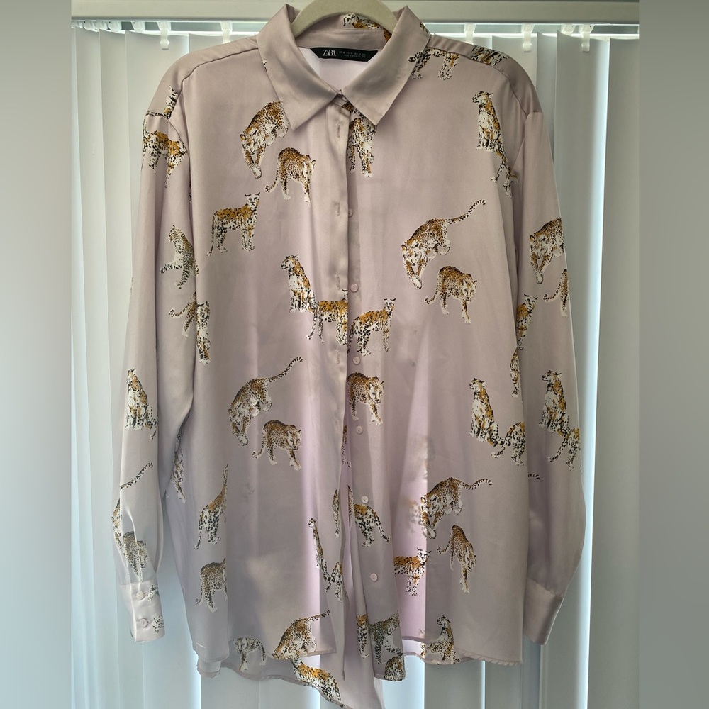 ZARA purple satin leopard blouse size XL